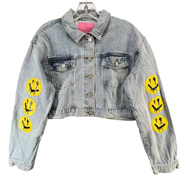 Azalea Wang Jean Jacket L Blue Denim Cropped Joker Smiley Goth Grunge Streetwear